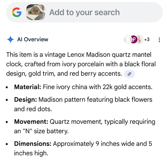 Lenox Madison Porcelain Mantel Clock with Gold Trim and Black Floral Design - Picture 11 of 11